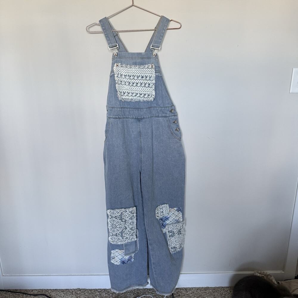 POL Womens Lace Patchwork Wide Leg Denim Overalls Small Cottagecore Bohemian - Picture 2 of 11